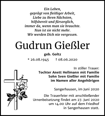 Traueranzeige von Gudrun Gießler von Super Sonntag Sangerhausen