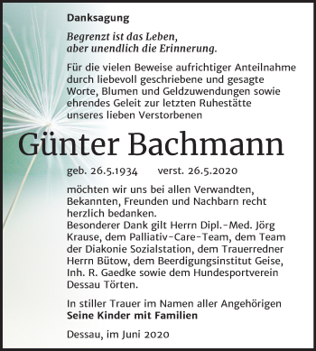 Traueranzeige von Günter Bachmann von Mitteldeutsche Zeitung Dessau-Roßlau