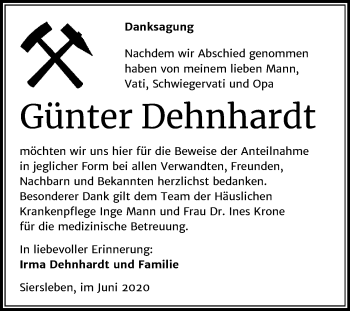 Traueranzeige von Günter Dehnhardt von Mitteldeutsche Zeitung Mansfelder Land