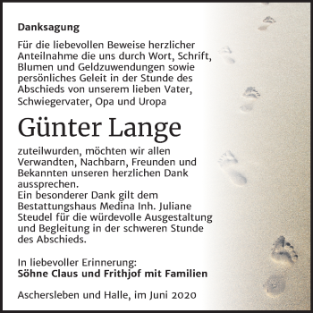 Traueranzeige von Günter Lange von Mitteldeutsche Zeitung Halle/Saalkreis