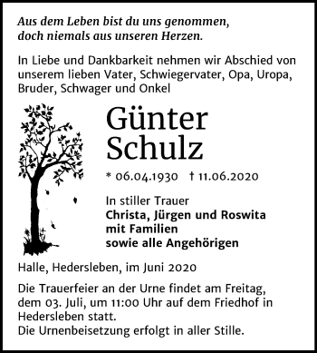 Traueranzeige von Günter Schulz von Mitteldeutsche Zeitung Quedlinburg