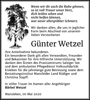 Traueranzeige von Günter Wetzel von Mitteldeutsche Zeitung Mansfelder Land