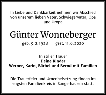 Traueranzeige von Günter Wonneberger von Mitteldeutsche Zeitung Sangerhausen