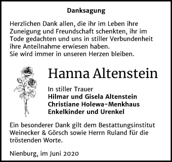Traueranzeige von Hanna Altenstein von Mitteldeutsche Zeitung Bernburg