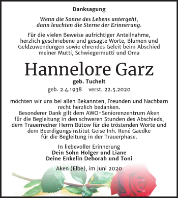 Traueranzeige von Hannelore Garz von Super Sonntag Köthen