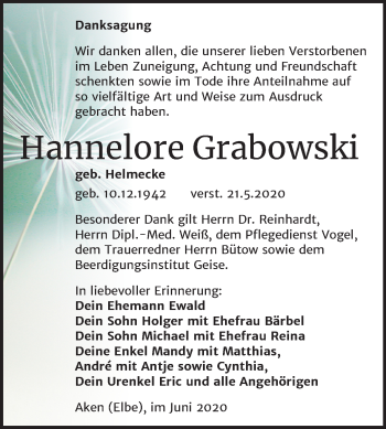 Traueranzeige von Hannelore Grabowski von Mitteldeutsche Zeitung Köthen