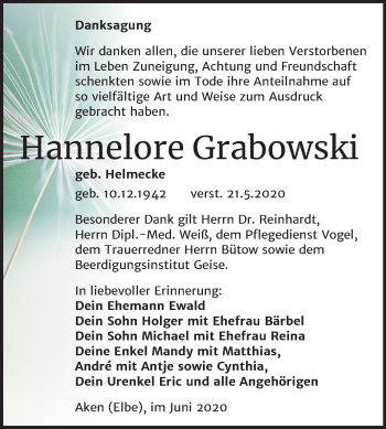 Traueranzeige von Hannelore Grabowski von Super Sonntag Köthen