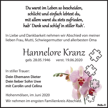 Traueranzeige von Hannelore Kranz von Mitteldeutsche Zeitung Weißenfels