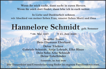 Traueranzeige von Hannelore Schmidt von Super Sonntag Quedlinburg