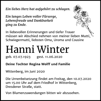 Traueranzeige von Hanni Winter von Super Sonntag Wittenberg
