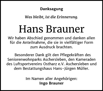 Traueranzeige von Hans Brauner von Mitteldeutsche Zeitung Aschersleben