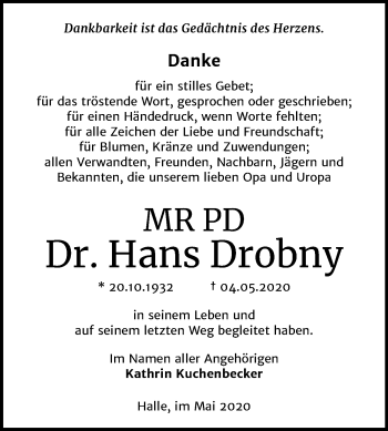 Traueranzeige von Hans Drobny von Wochenspiegel Bitterfeld