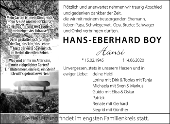 Traueranzeige von Hans-Eberhard Boy von Mitteldeutsche Zeitung Wittenberg