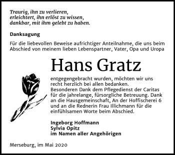 Traueranzeige von Hans Gratz von Mitteldeutsche Zeitung Merseburg/Querfurt