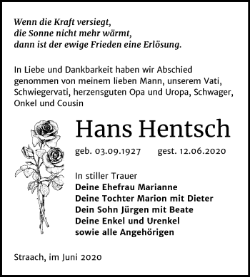 Traueranzeige von Hans Hentsch von Mitteldeutsche Zeitung Wittenberg