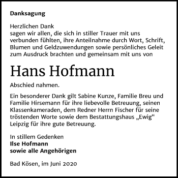 Traueranzeige von Hans Hofmann von Wochenspiegel Naumburg/Nebra