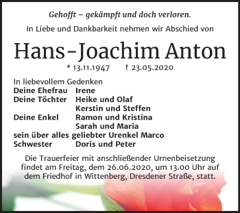 Traueranzeige von Hans-Joachim Anton von Mitteldeutsche Zeitung Wittenberg
