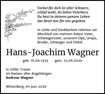 Traueranzeige von Hans-Joachim Wagner von Mitteldeutsche Zeitung Wittenberg