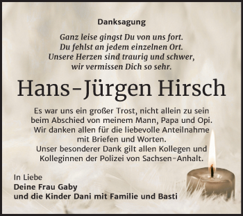 Traueranzeige von Hans-Jürgen Hirsch von Mitteldeutsche Zeitung Halle/Saalkreis