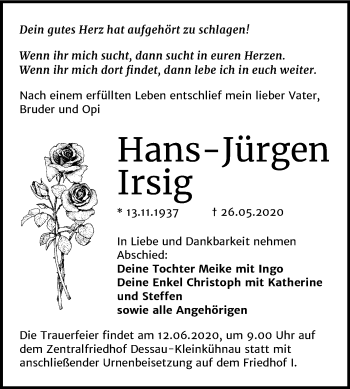 Traueranzeige von Hans-Jürgen Irsig von Super Sonntag Dessau-Roßlau