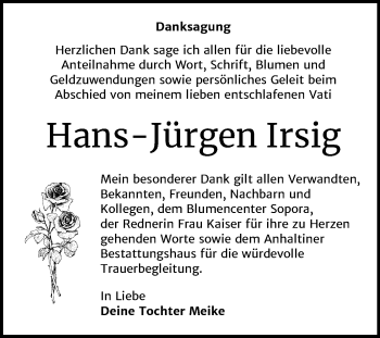 Traueranzeige von Hans-Jürgen Irsig von Mitteldeutsche Zeitung Dessau-Roßlau