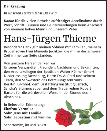 Traueranzeige von Hans-Jürgen Thieme von Super Sonntag Köthen