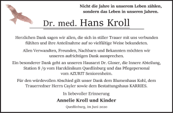 Traueranzeige von Hans Kroll von Super Sonntag Quedlinburg