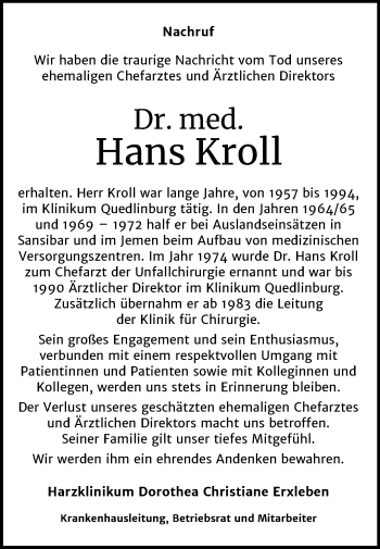 Traueranzeige von Hans Kroll von Mitteldeutsche Zeitung Quedlinburg