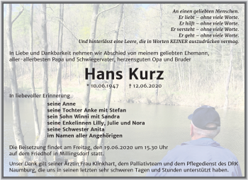Traueranzeige von Hans Kurz von Mitteldeutsche Zeitung Naumburg/Nebra