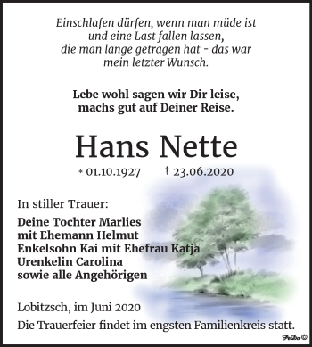 Traueranzeige von Hans Nette von Mitteldeutsche Zeitung Weißenfels