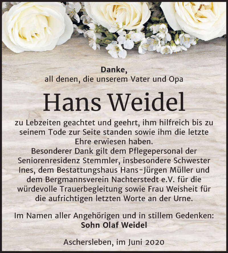 Traueranzeigen von Hans Weidel www.abschiednehmen.de