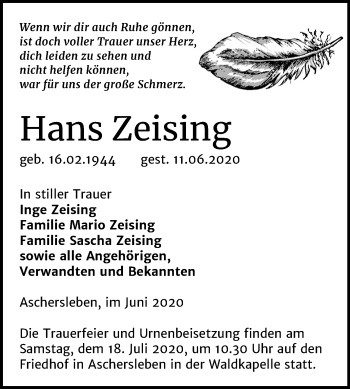 Traueranzeige von Hans Zeising von Mitteldeutsche Zeitung Aschersleben
