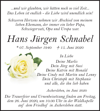 Traueranzeige von Hans Jürgen Schnabel von Super Sonntag Aschersleben