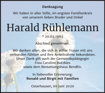 Traueranzeige von Harald Rühlemann von Super Sonntag Mansfelder Land