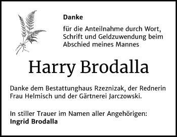 Traueranzeige von Harry Brodalla von Mitteldeutsche Zeitung Mansfelder Land