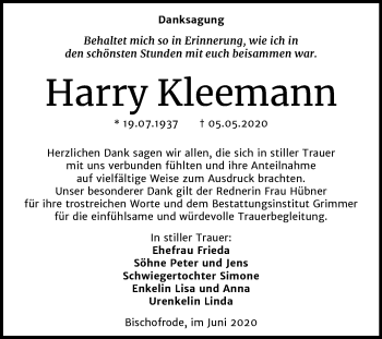 Traueranzeige von Harry Kleemann von Super Sonntag Mansfelder Land