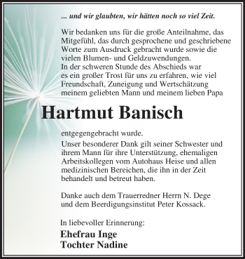 Traueranzeige von Hartmut Banisch von Mitteldeutsche Zeitung Dessau-Roßlau