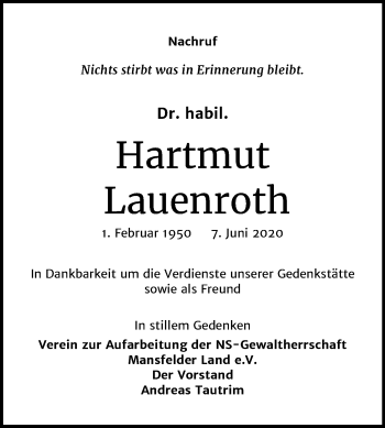 Traueranzeige von Hartmut Lauenroth von Super Sonntag Mansfelder Land