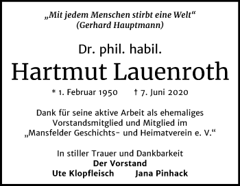 Traueranzeige von Hartmut Lauenroth von Mitteldeutsche Zeitung Mansfelder Land