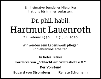 Traueranzeige von Hartmut Lauenroth von Mitteldeutsche Zeitung Mansfelder Land