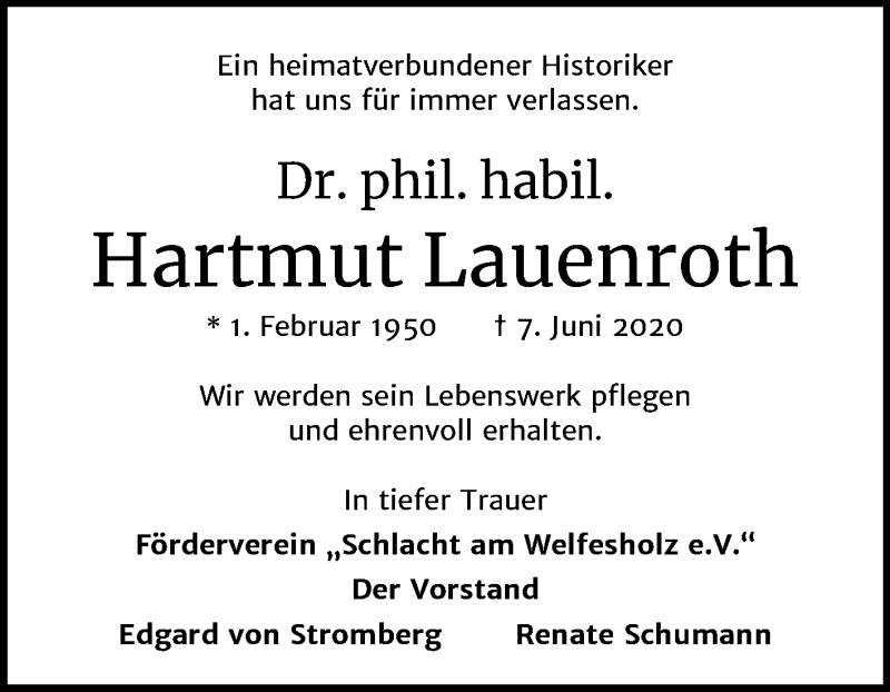  Traueranzeige für Hartmut Lauenroth vom 13.06.2020 aus Mitteldeutsche Zeitung Mansfelder Land