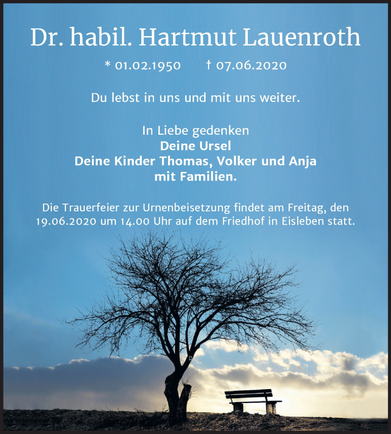  Traueranzeige für Hartmut Lauenroth vom 13.06.2020 aus Mitteldeutsche Zeitung Mansfelder Land