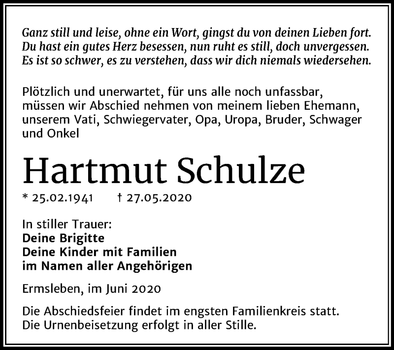  Traueranzeige für Hartmut Schulze vom 06.06.2020 aus Mitteldeutsche Zeitung Quedlinburg