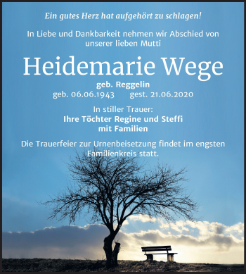 Traueranzeige von Heidemarie Wege von Mitteldeutsche Zeitung Mansfelder Land
