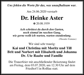 Traueranzeige von Heinke Aster von Mitteldeutsche Zeitung Dessau-Roßlau