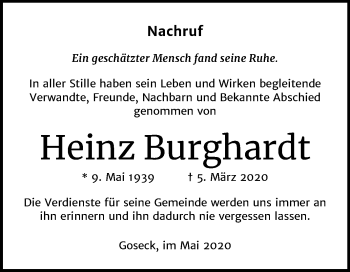 Traueranzeige von Heinz Burghardt von Mitteldeutsche Zeitung Weißenfels