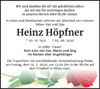 Traueranzeige von Heinz Höpfner von Mitteldeutsche Zeitung Halle/Saalkreis