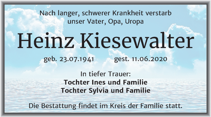  Traueranzeige für Heinz Kiesewalter vom 18.06.2020 aus Mitteldeutsche Zeitung Merseburg/Querfurt