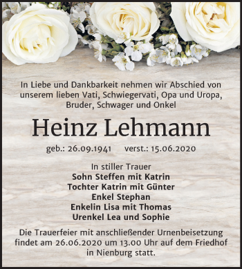 Traueranzeige von Heinz Lehmann von Mitteldeutsche Zeitung Bernburg