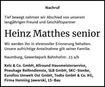 Traueranzeige von Heinz Matthes von Mitteldeutsche Zeitung Naumburg/Nebra